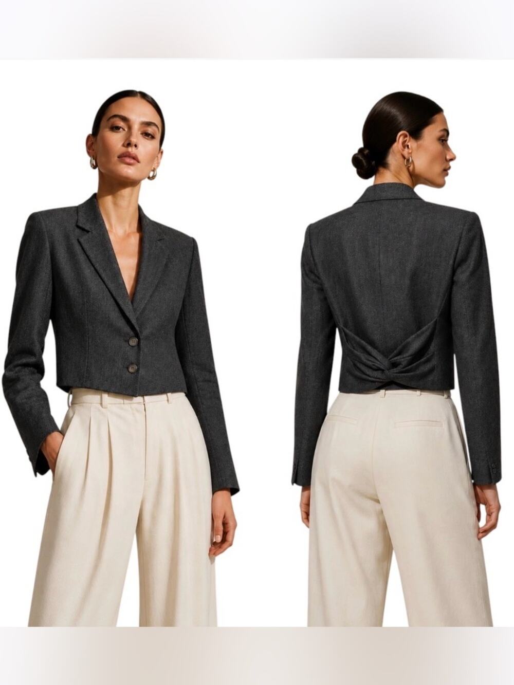 Valentino Gray Cropped Linen Blazer, Twisted Fabric Back Detail, Sophisticated 6